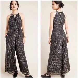 Anthropologie Edita Halter Jumpsuit 10 Black Multicolored Metallic Wide-…
